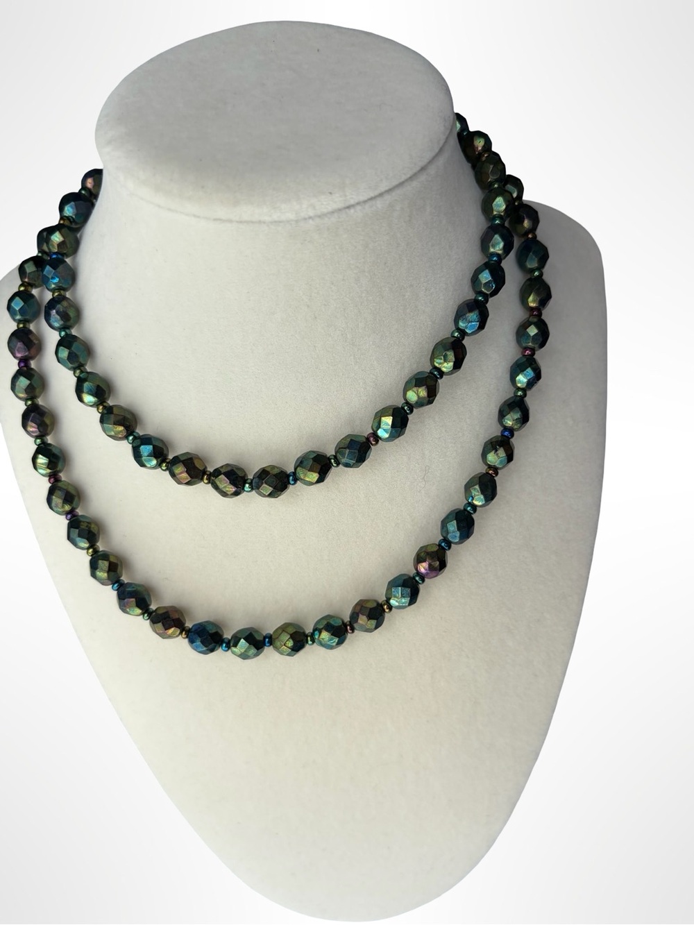 Vintage 1950s Czechoslovakian Iridescent Peacock Glass Beaded Long Necklace